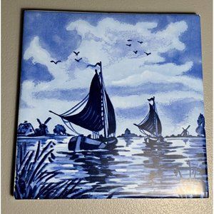 Vintage Pilkington England Trivet Tile Blue Sailboats on Water Scene 6"